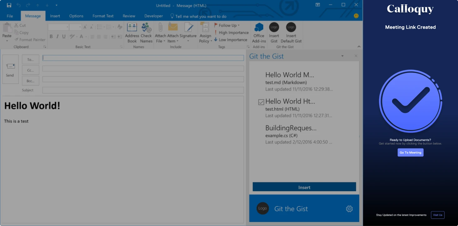 Outlook add-in meeting link created success screen