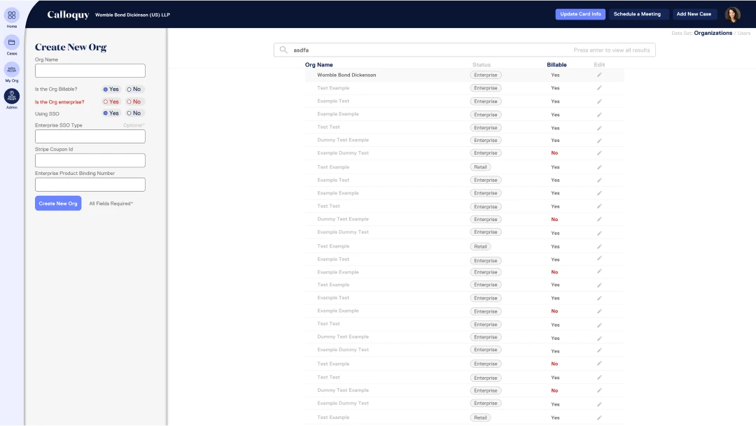 Super Admin organization list screen from the case study